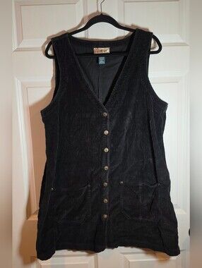 Express Vintage Y2K Black Corduroy Button-Front Jumper Dress Cotton XL